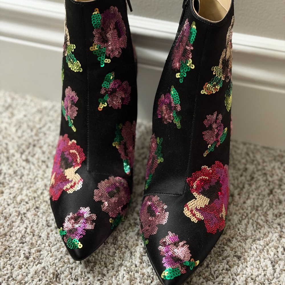 Betsey Johnson Black Floral Sequin Ankle Boots